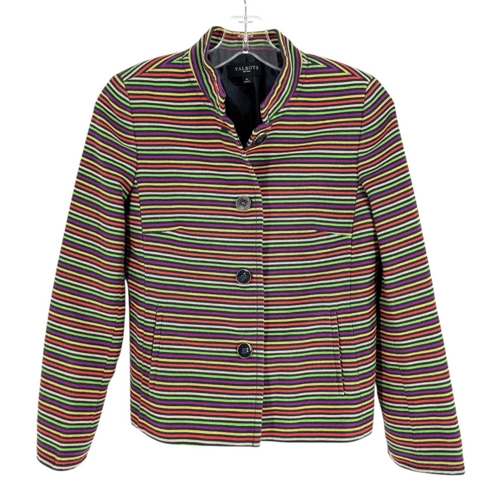 Talbots Blazer Womens Size 4P Colorful Stripe Cotton Blend 4-Button Jacket